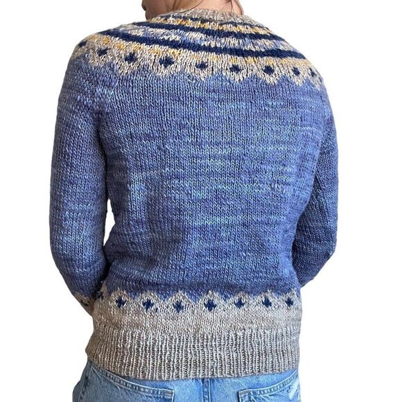 Vintage 1970s Womens Hand Knit Hand Spun Wool Blue Fair Isle Hippy Cardigan Sz S - Picture 8 of 9